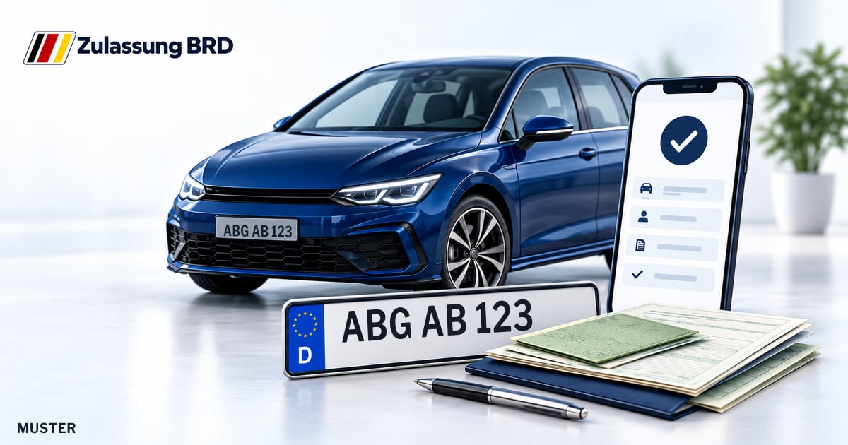 Online Fahrzeugzulassung in Schmölln: Musterkennzeichen ABG AB 123, Auto und Fahrzeugpapiere und Smartphone. Illustration mit Logo von Zulassung BRD.